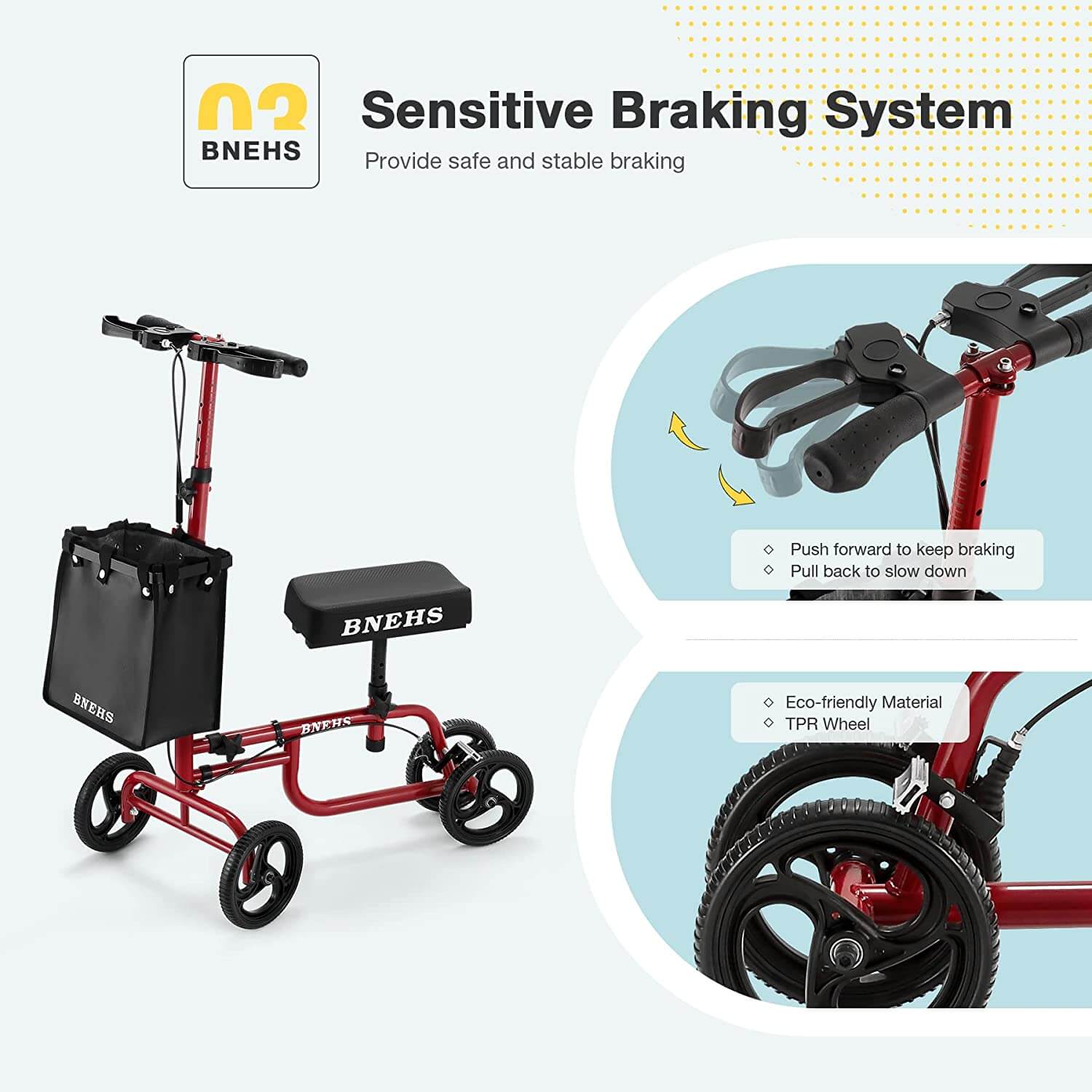 Homrest knee scooter with grooved brake pads folding knee walker for foot injured adults, red frame