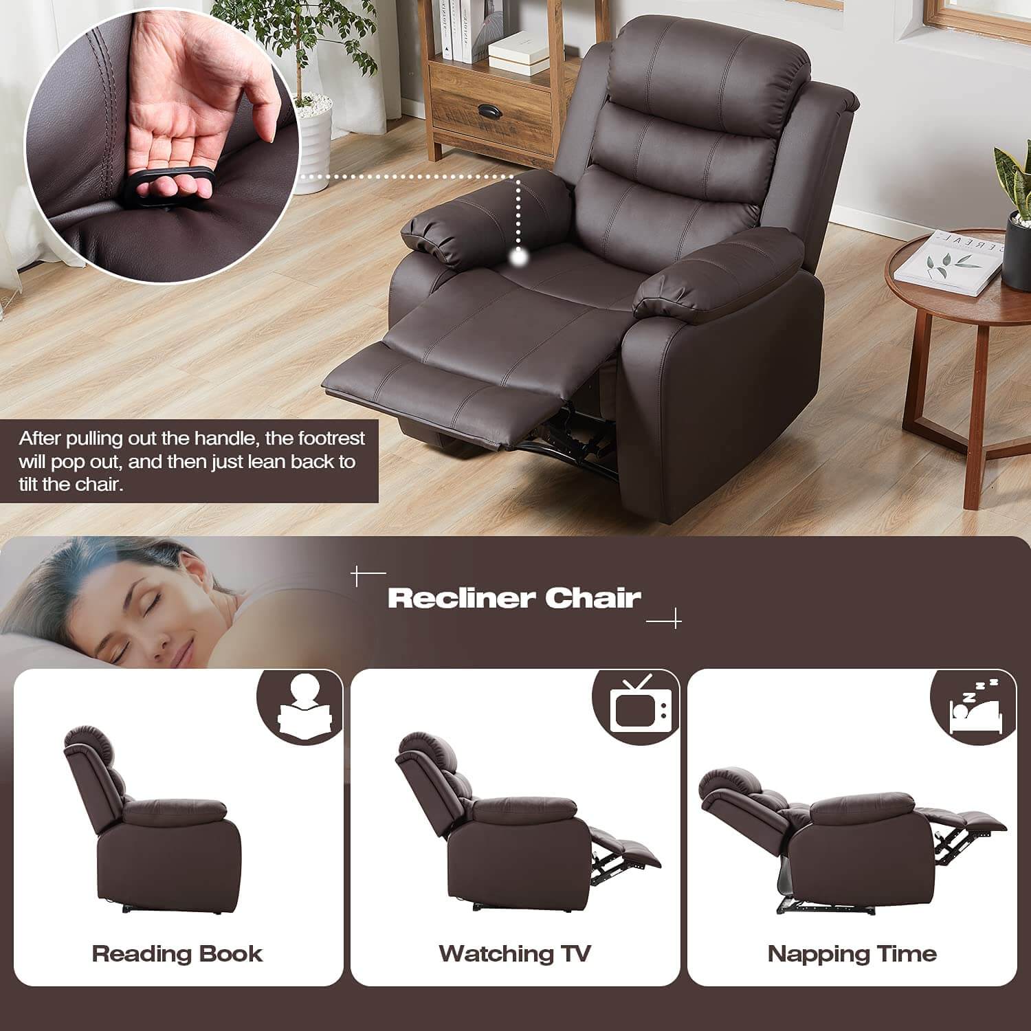 Homrest breath leather recliner chair for living room, brown