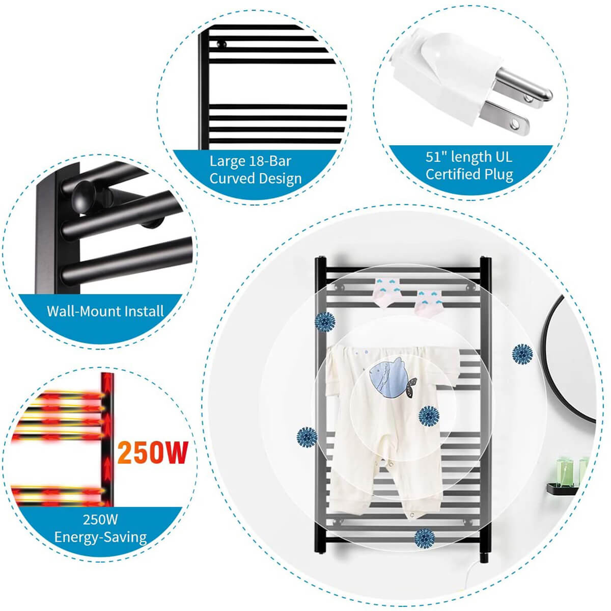 Towel Warmer Rack, Steel Heated Drying Rack Plug-in Wall Mounted Towel Warmer Rack for Bathroom (Black, 18 Bar)