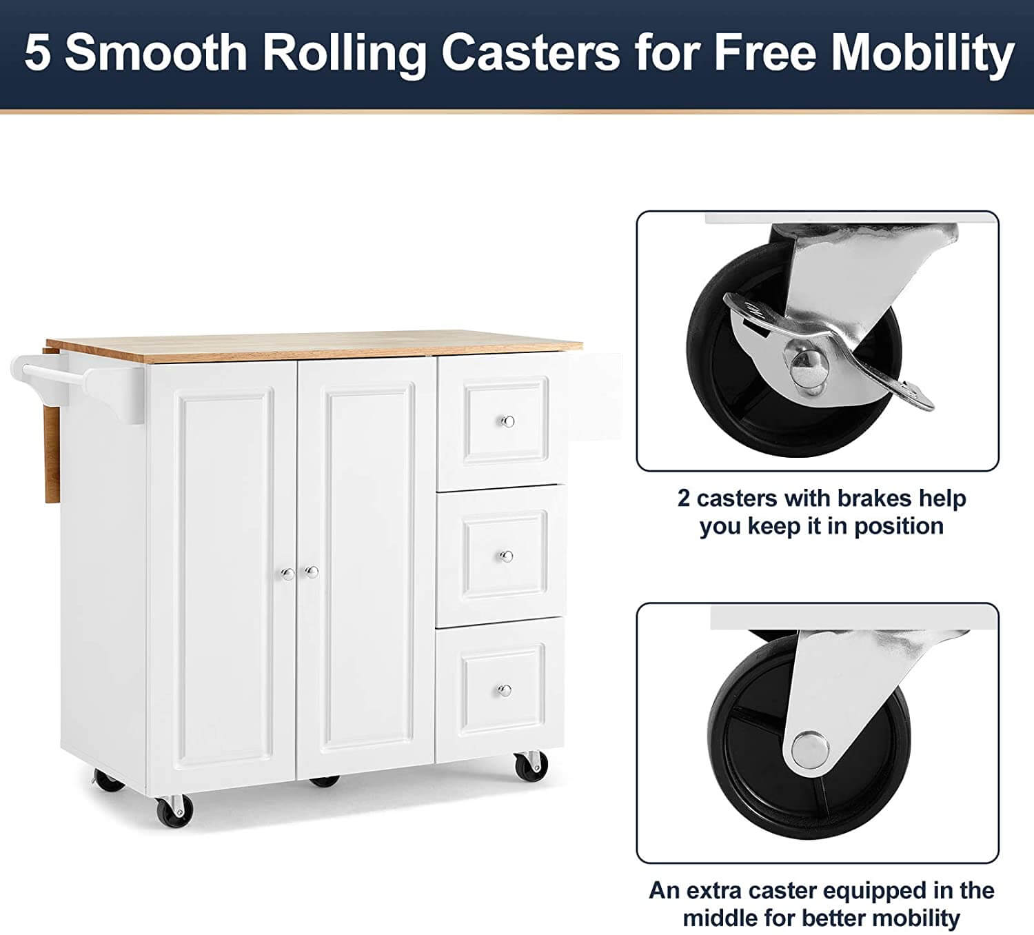 Rolling Kitchen Island Cart,Kitchen Trolley with Drop-Leaf Rubber Wood Tabletop,Lockable Wheels,Drawers & Cabinets,Towel Rack,Spice Rack,White