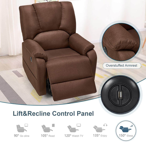 Homrest Electric Power Lift Recliner Chair Sofa with Massage and Heat for Elderly, Microfiber Recliner Chair with Side Pockets & USB Port, Brown