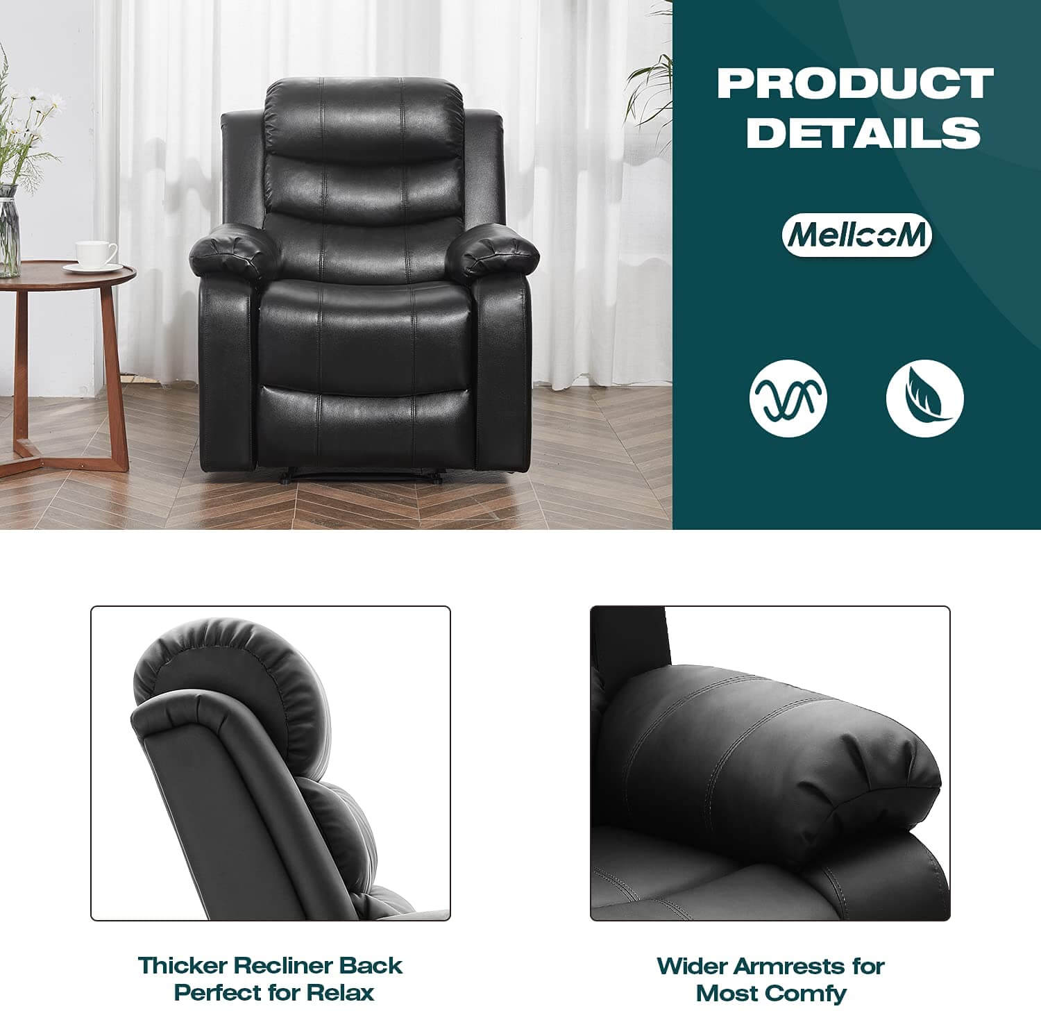 Homrest breath leather recliner chair for living room, black