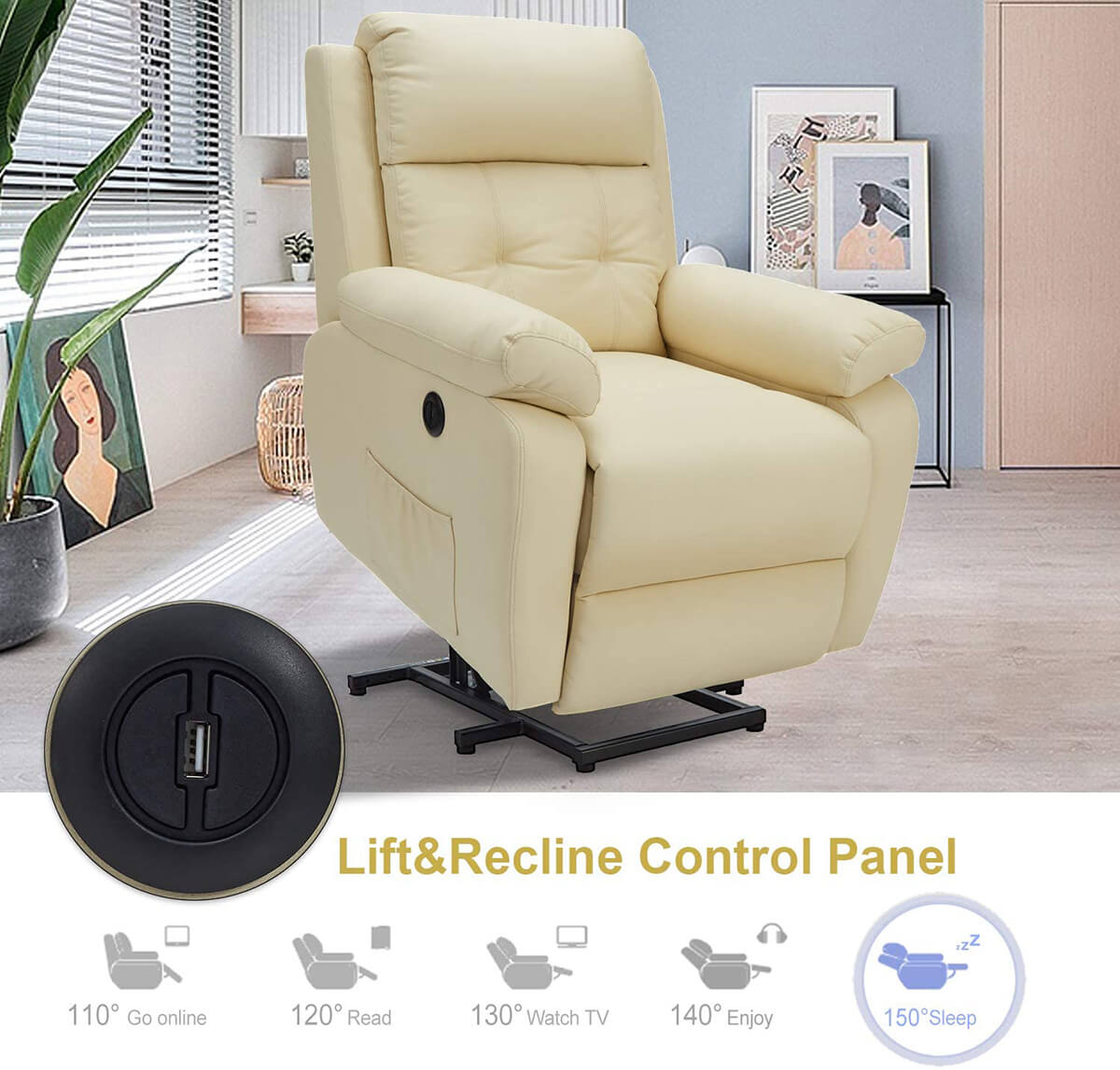 Homrest Electric Power Lift Recliner Chair Sofa for Elderly, Faux Leather Recliner Chair with Heated Vibration Massage, Heavy Duty & Safety Motion Reclining Mechanism, Beige