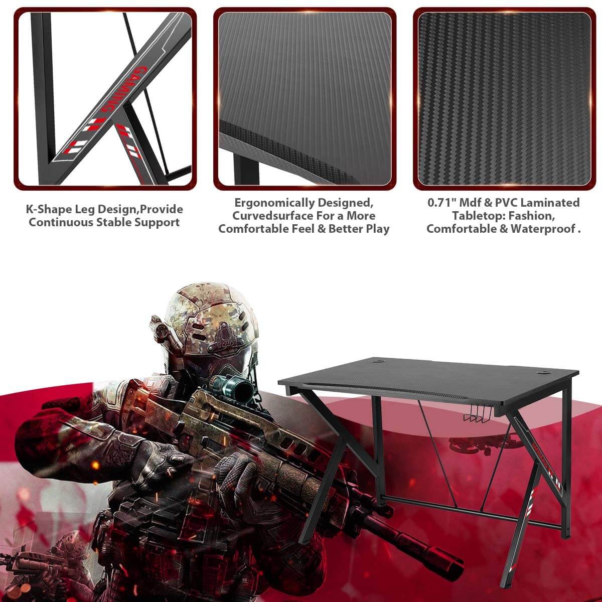 Homrest 42.5" Gaming Desk K-Shape Gaming Table Home Computer Desk with Cup Holder and Headphone Hook Gamer Workstation Game Table, Red