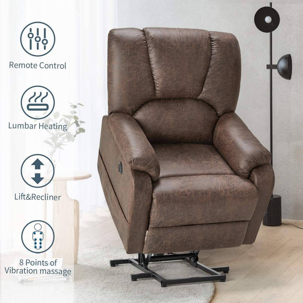 Homrest Electric Power Lift Recliner Chair Sofa with Massage and Heat for Elderly, Faux Leather Recliner Chair with Side Pockets & USB Port, Nut Brown