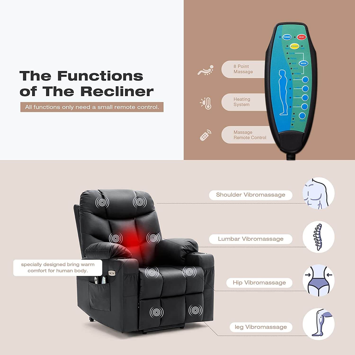 Homrest Electric Power Lift Chair Recliner Sofa for Elderly with Vibration Massage & Lumbar Heated, 2 Side Pockets & Cup Holders(Black)