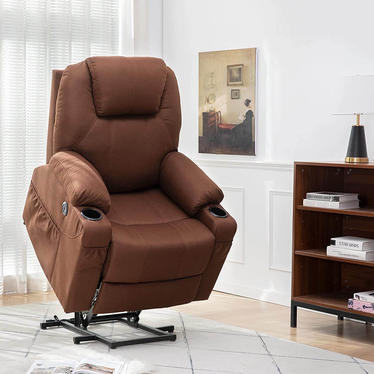 Homrest Electric Power Recliner Lift Chair Fabric Electric Recliner for Elderly, Heated Vibration Massage Sofa with Side Pockets, USB Charge Port & Remote Control(Coffee)