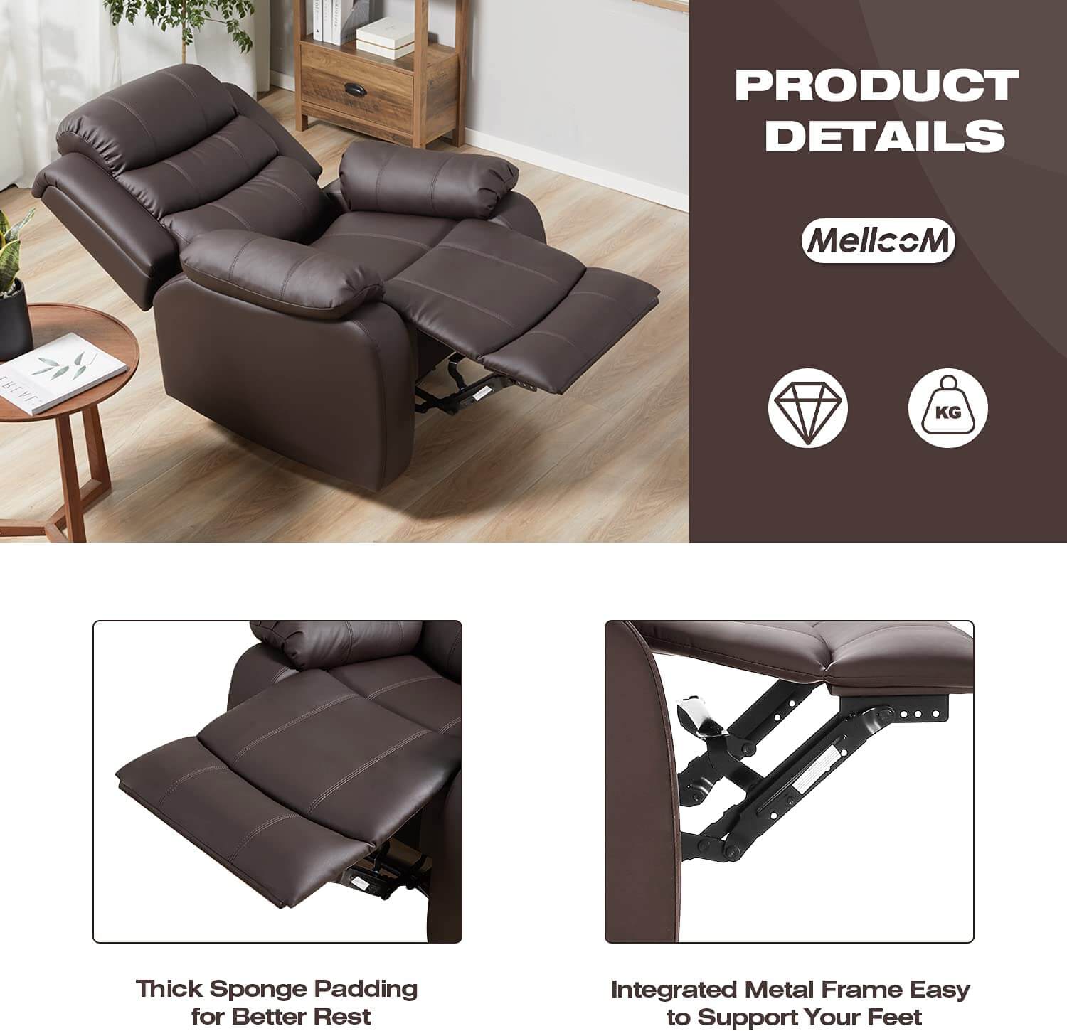 Homrest breath leather recliner chair for living room, brown
