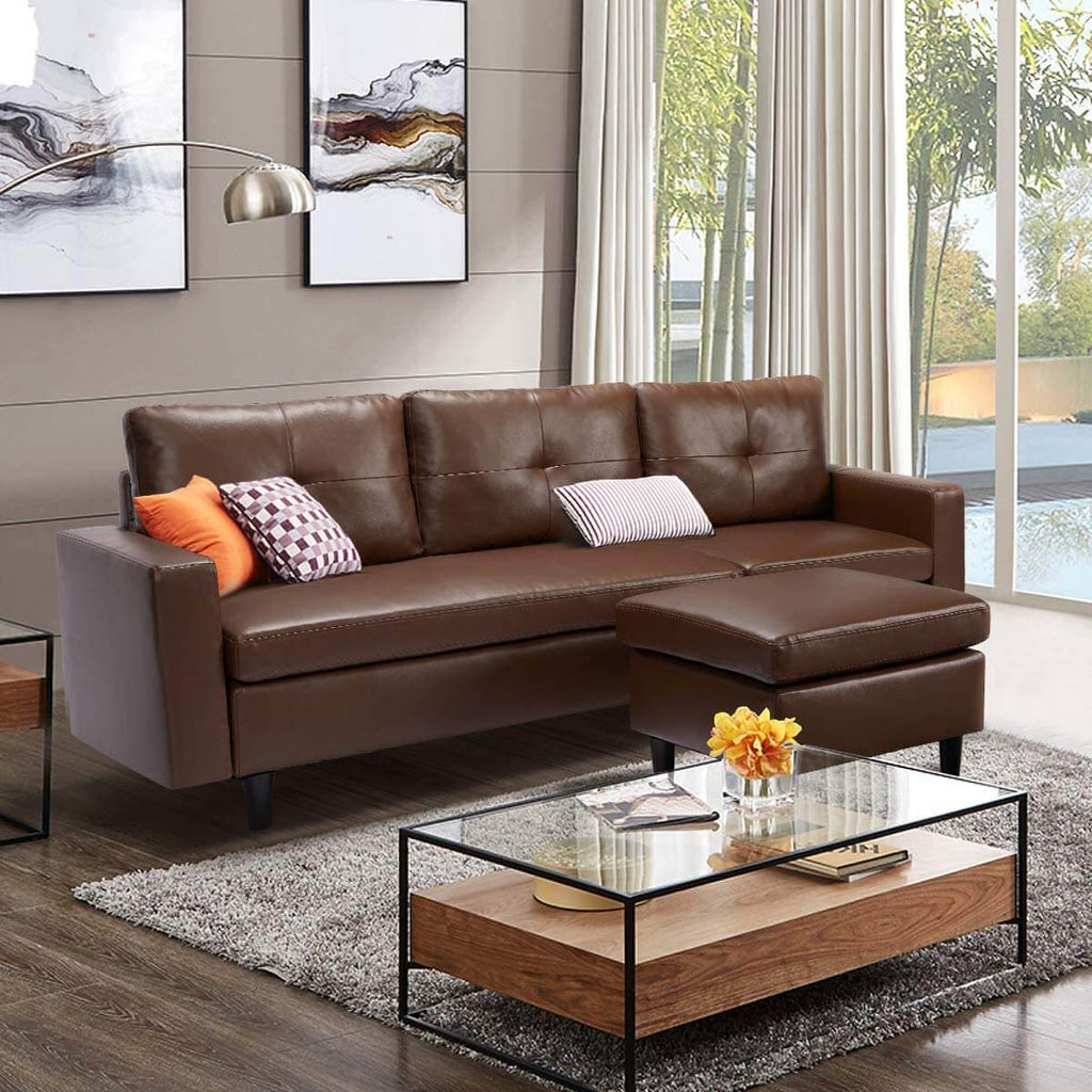Homrest Faux Leather Sectional Sofa Convertible Couch Brown Leather L-Shape Couch for Small Space Apartment
