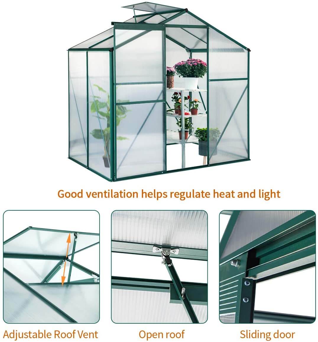  Homrest 4'x6'x6.6' Garden Walk-in Greenhouse with Sliding Door & Roof Vent