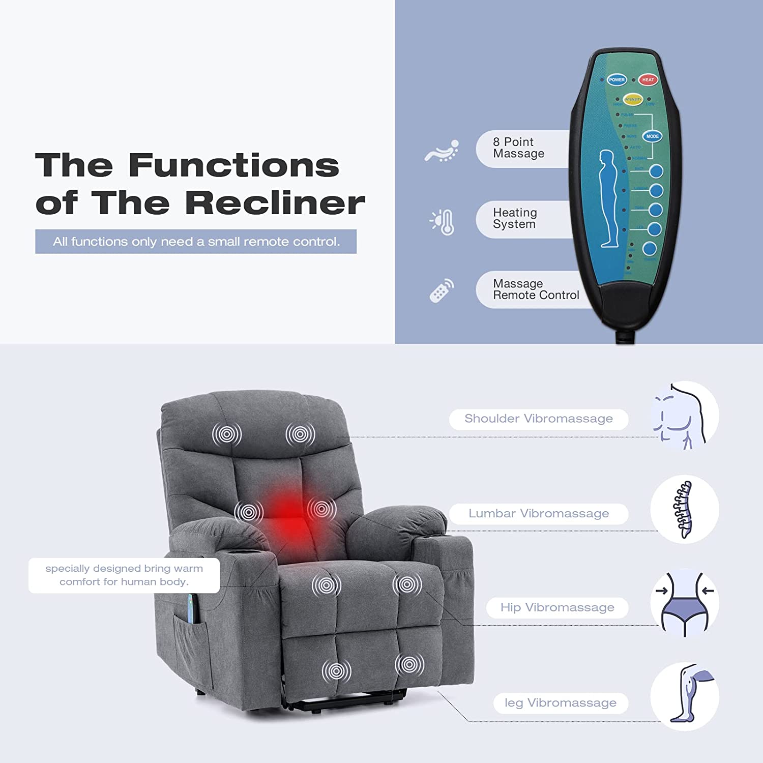 Homrest Electric Power Lift Chair Recliner Sofa for Elderly with Vibration Massage & Lumbar Heated, 2 Side Pockets & Cup Holders(Grey Blue)