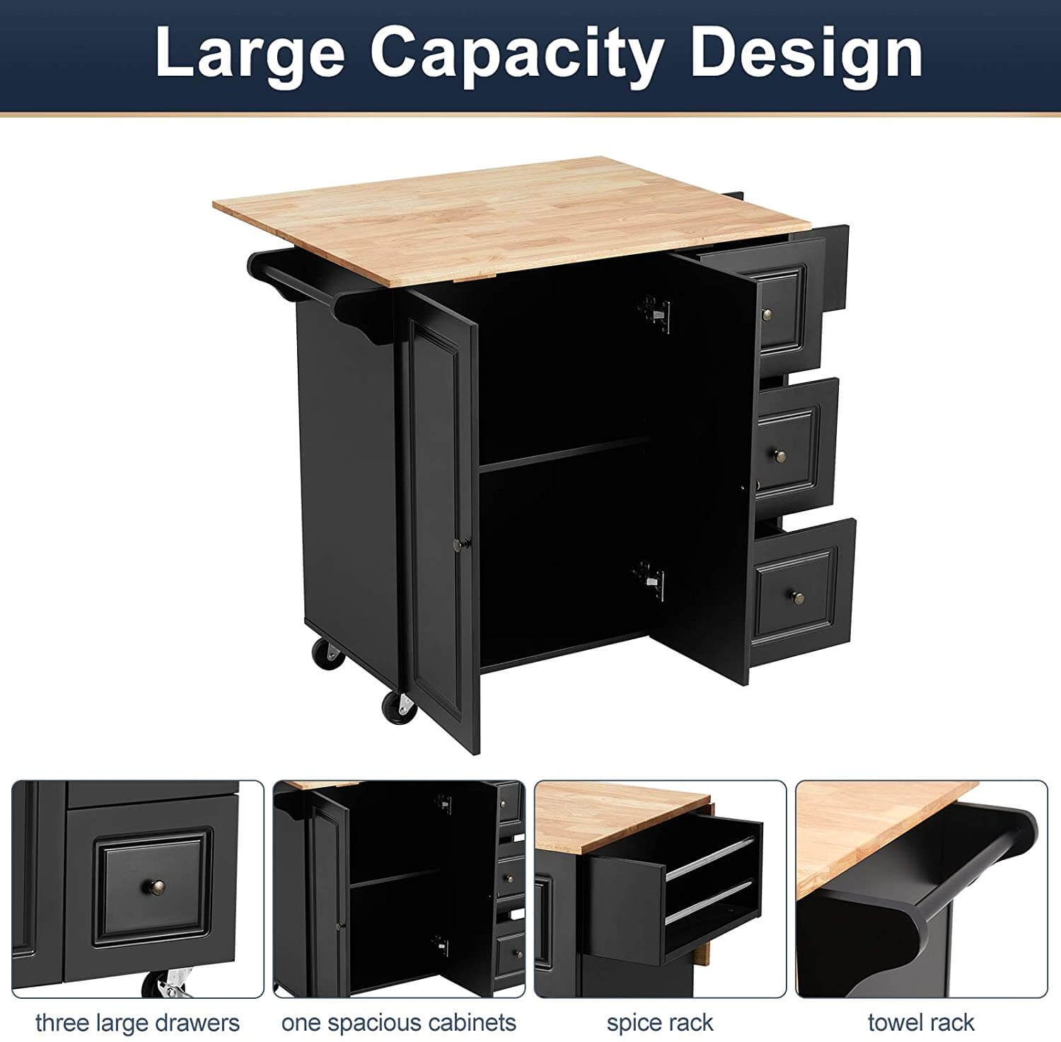 Rolling Kitchen Island Cart,Kitchen Trolley with Drop-Leaf Rubber Wood Tabletop,Lockable Wheels,Drawers & Cabinets,Towel Rack,Spice Rack,Black