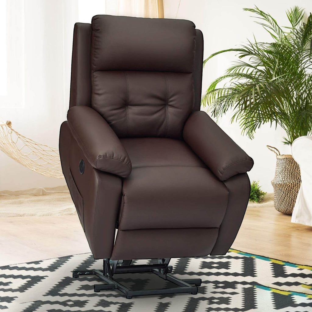 Homrest Electric Power Lift Recliner Chair Sofa for Elderly, Faux Leather Recliner Chair with Heated Vibration Massage, Side Pocket&USB Port(Brown)