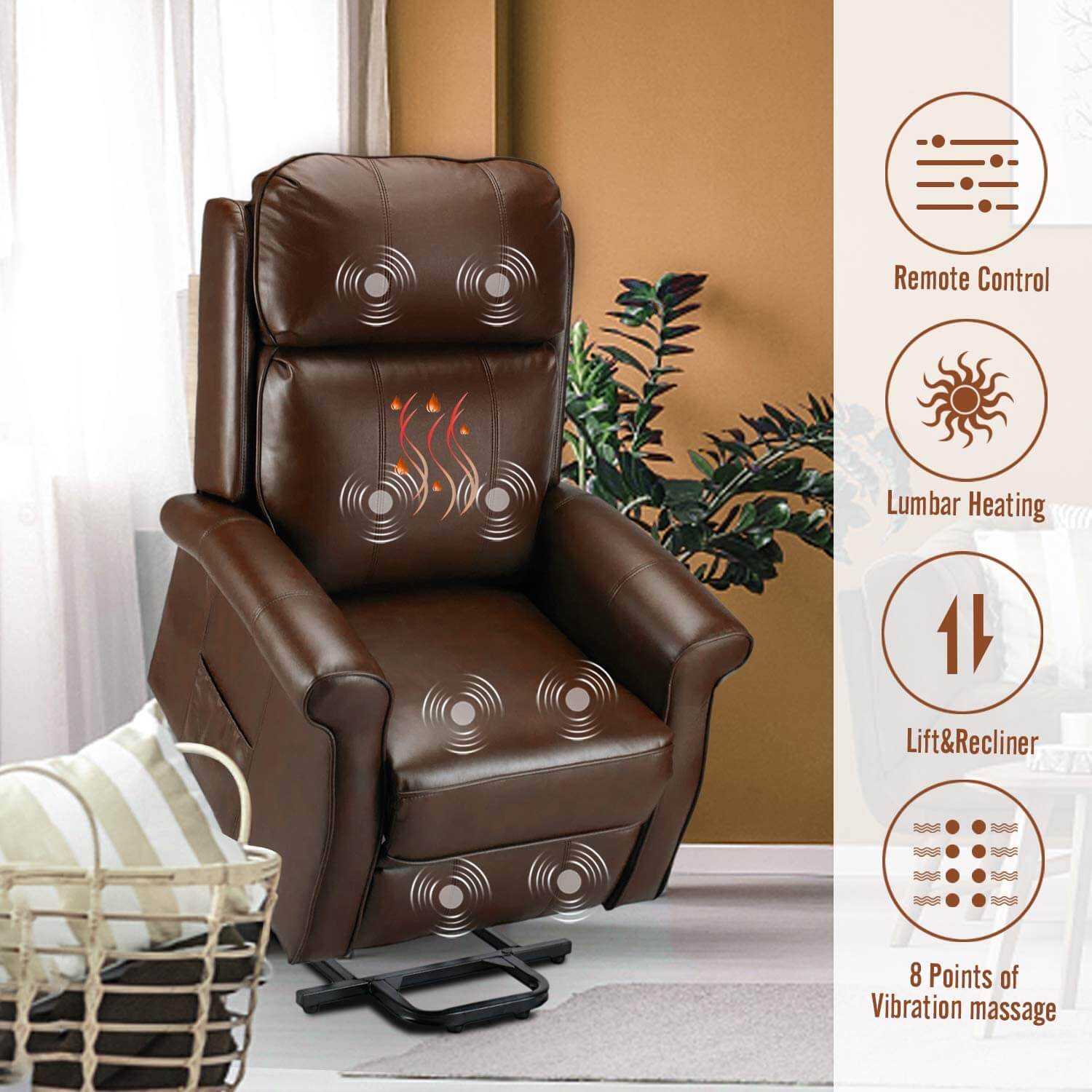 Homrest Electric Power Lift Recliner Chair, Faux Leather Electric Recliner for Elderly with Heated Vibration Massage, Side Pocket & Remote Control, Brown