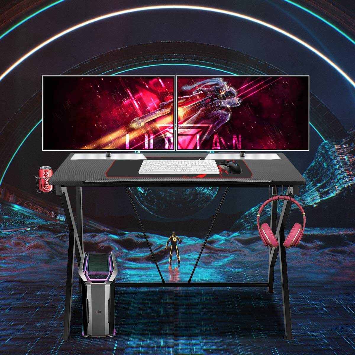 Homrest 42.5" Gaming Desk K-Shape Gaming Table Home Computer Desk with Cup Holder and Headphone Hook Gamer Workstation Game Table, Red