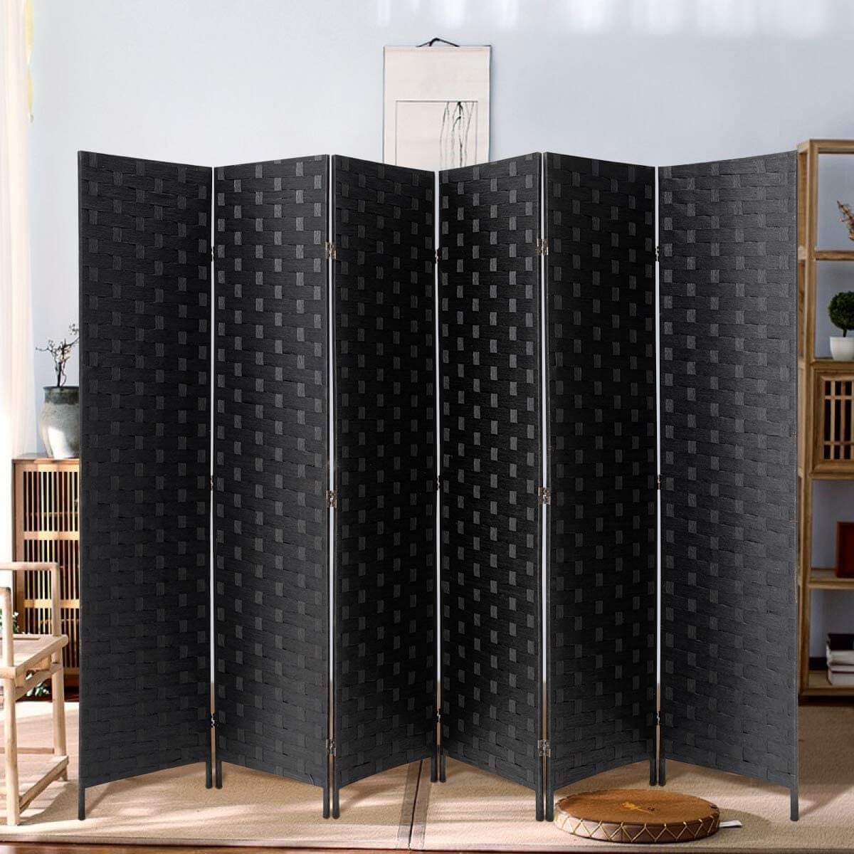 6 Panels 6 FT Tall Weave Fiber Room Divider, Black