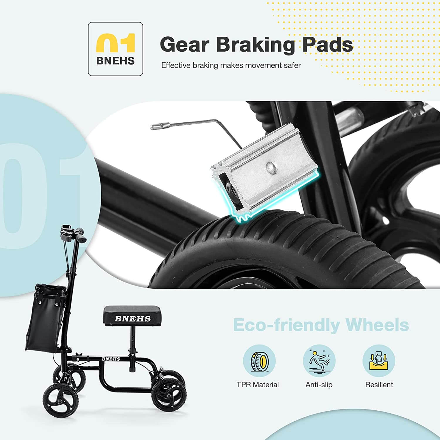 Homrest knee scooter with grooved brake pads folding knee walker for foot injured adults, black