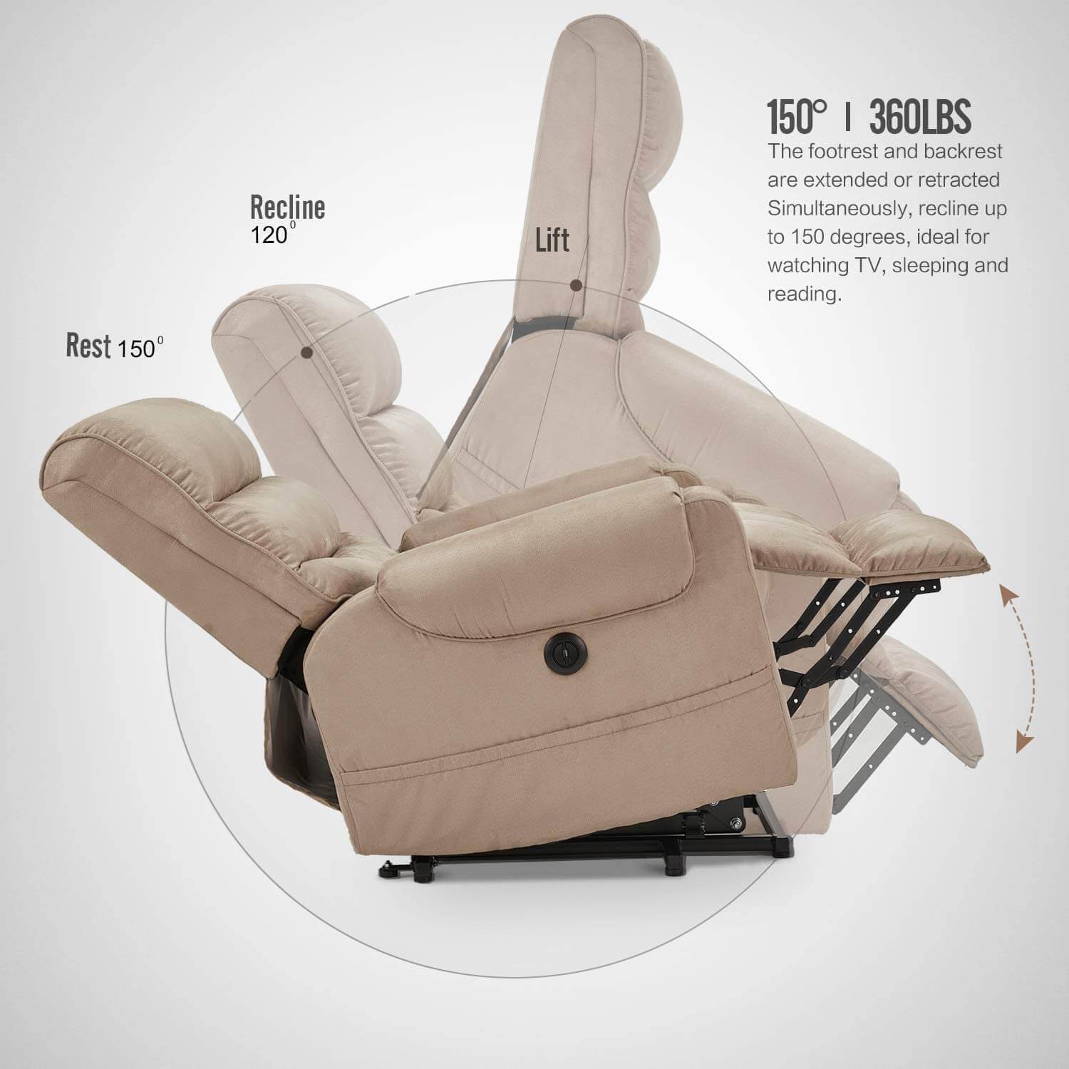 Homrest Electric Power Lift Recliner Chair Recliner Sofa for Elderly, Microfiber Recliner Chair with Heated Vibration Massage, 2 Side Pockets and USB Ports, Beige