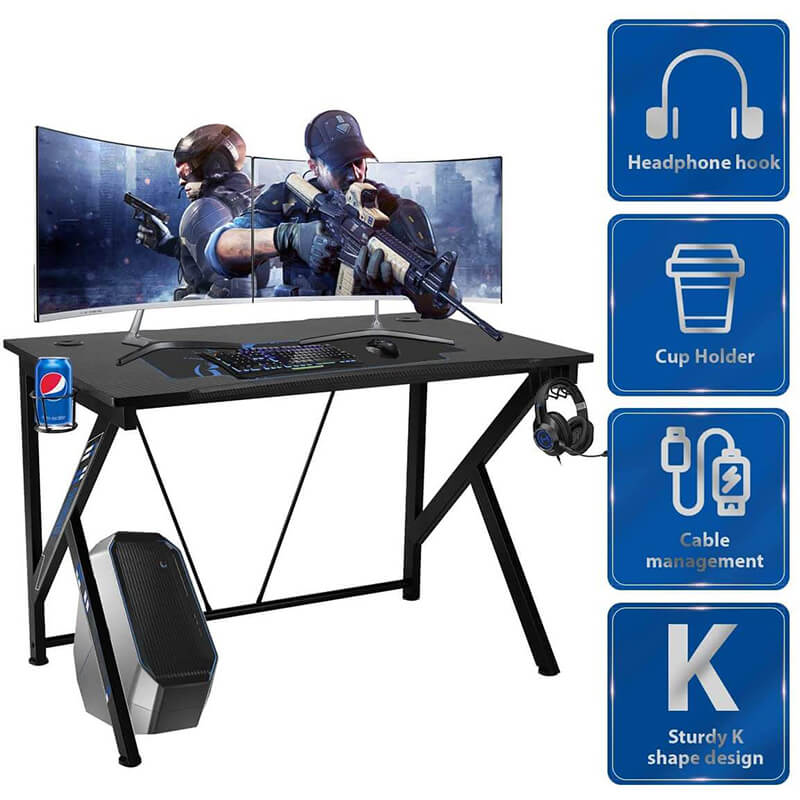 Homrest 42.5" Gaming Desk K-Shape Gaming Table Home Computer Desk with Cup Holder and Headphone Hook Gamer Workstation Game Table