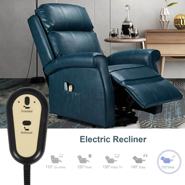 Homrest Electric Power Lift Recliner Chair, Faux Leather Electric Recliner for Elderly with Heated Vibration Massage, Side Pocket & Remote Control, Blue