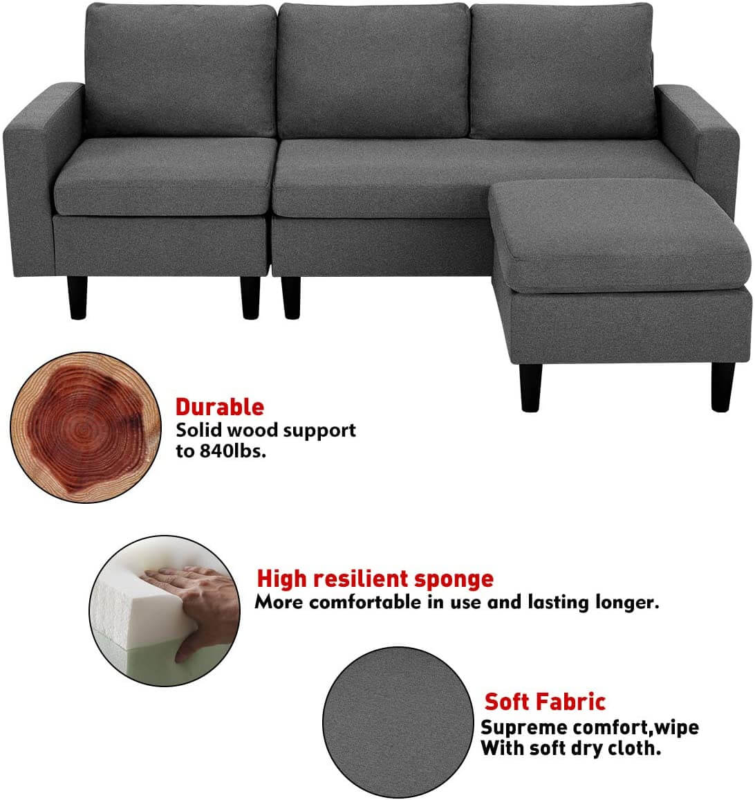Homrest Enlarged Convertible Sectional Sofa Couch, 3-seat Sofa Couch with Ottoman, L-Shaped Sofa with Modern Linen Fabric, for Living Room or Apartment, Dark Gray