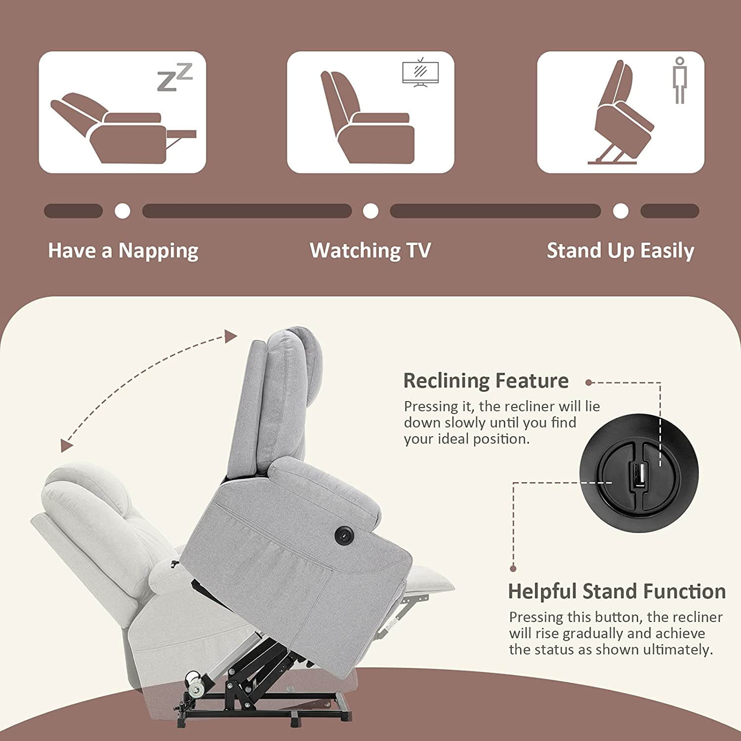 Homrest Electric Power Recliner Lift Chair Fabric Electric Recliner for Elderly, Heated Vibration Massage Sofa with Side Pockets, USB Charge Port & Remote Control(Gray)