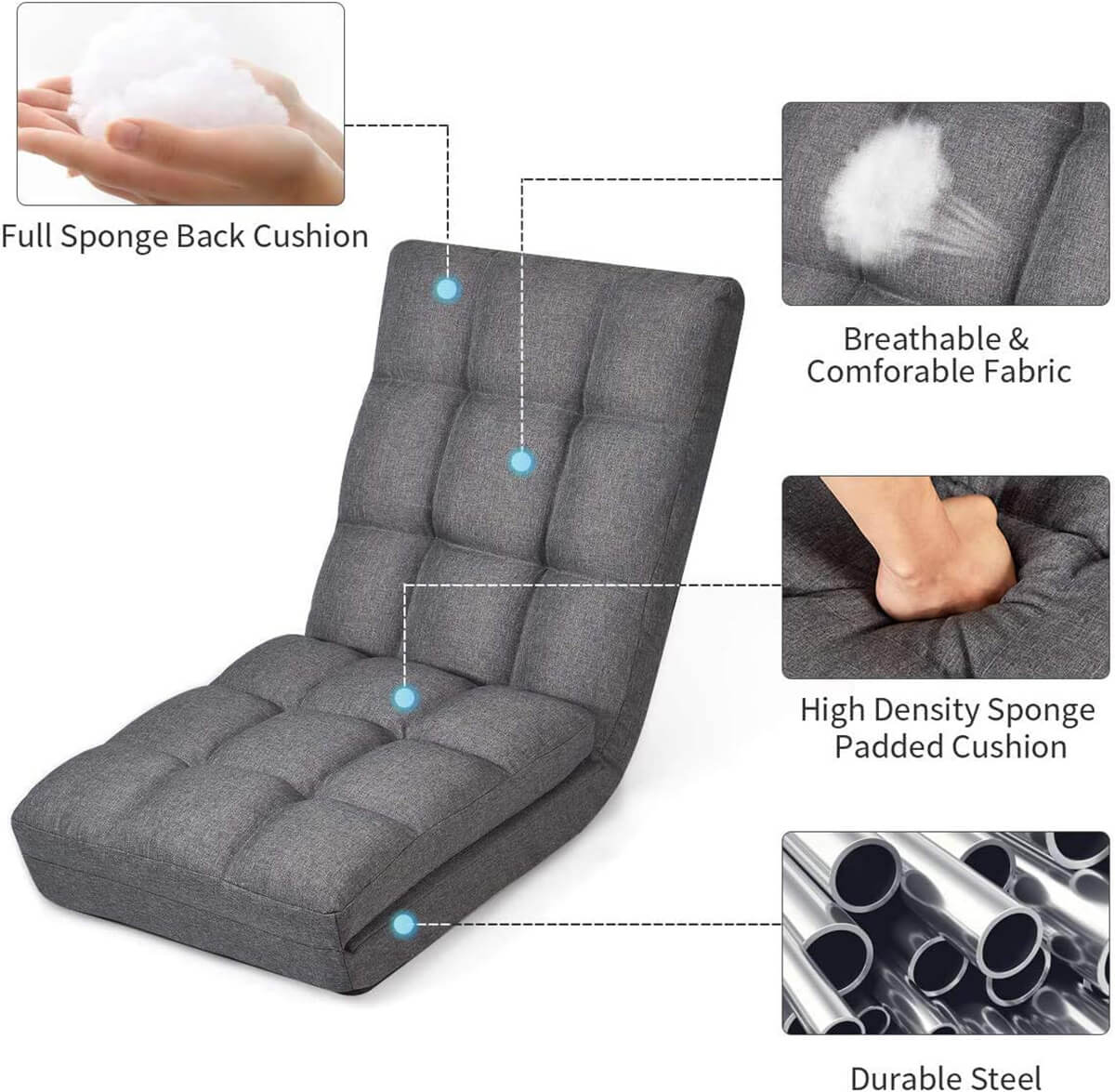 14-Position Floor Chair, Folding Gaming Sofa, Floor Lounger Folding Adjustable Sleeper Bed Couch Recliner, Gray