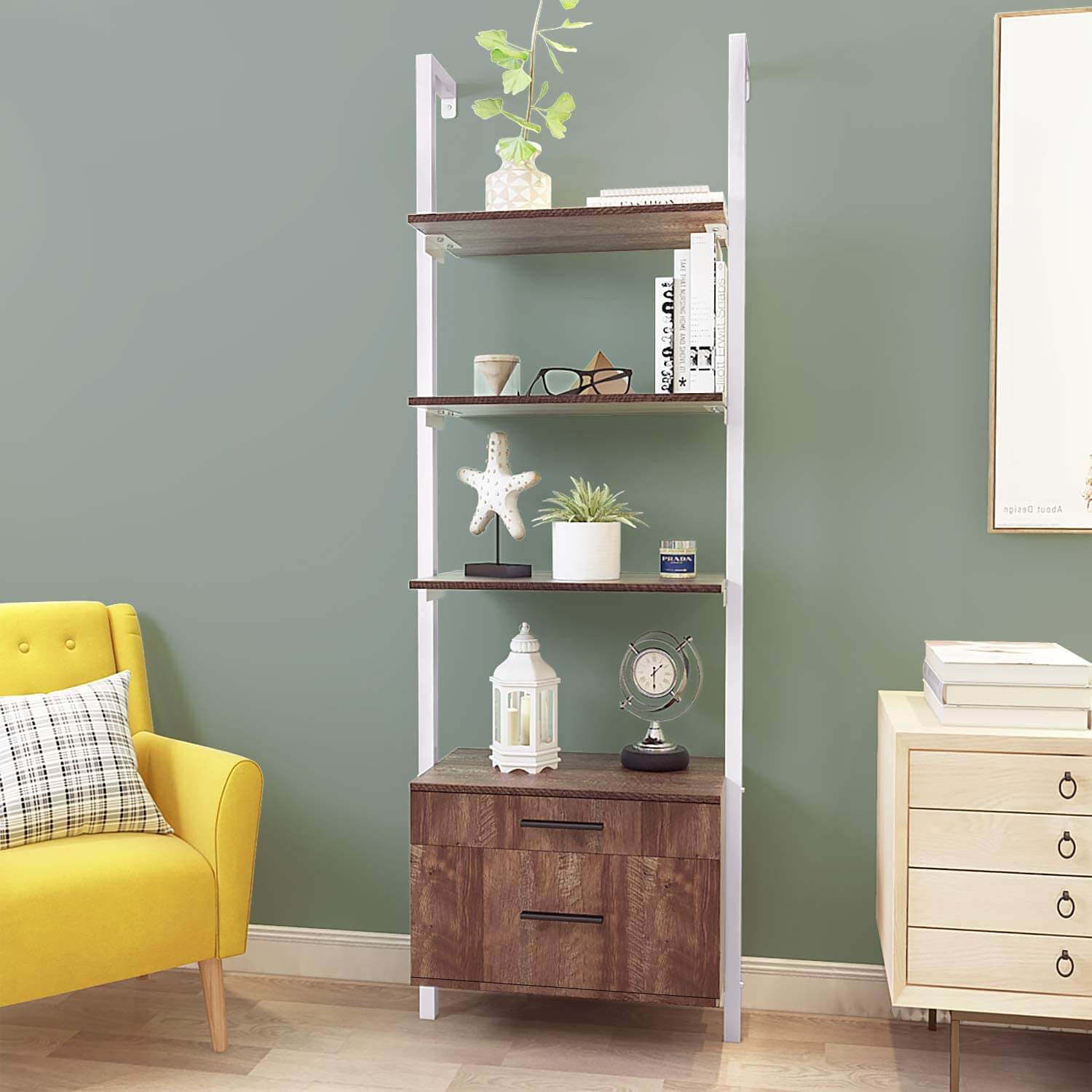 Homrest Wall Mounted Industrial 3-Tier Bookshelf with 2 Wood Drawers & Matte Steel Frame Ladder Shelf Bookcase, White