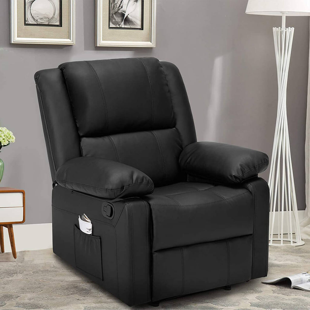 Recliner Chair with Massage Heated Function, Modern PU Leather Lounge Chair with Side Pocket, Single Sofa Seat Living Room Chair, Black