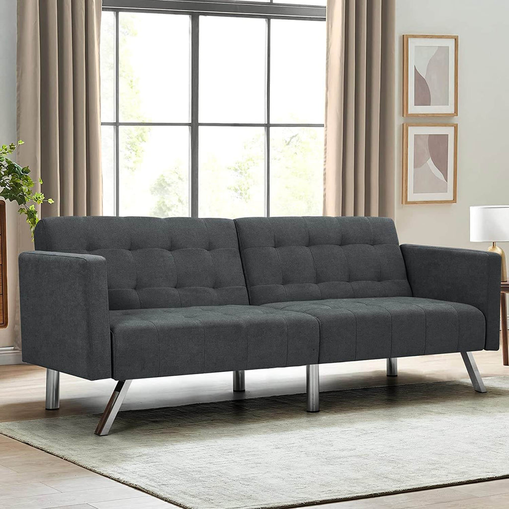 Convertible Futon Sofa Bed w/ Adjustable Backrest, Chenille Fabric Sleeper Couch Split-Back Folding Loveseat, Dark Grey