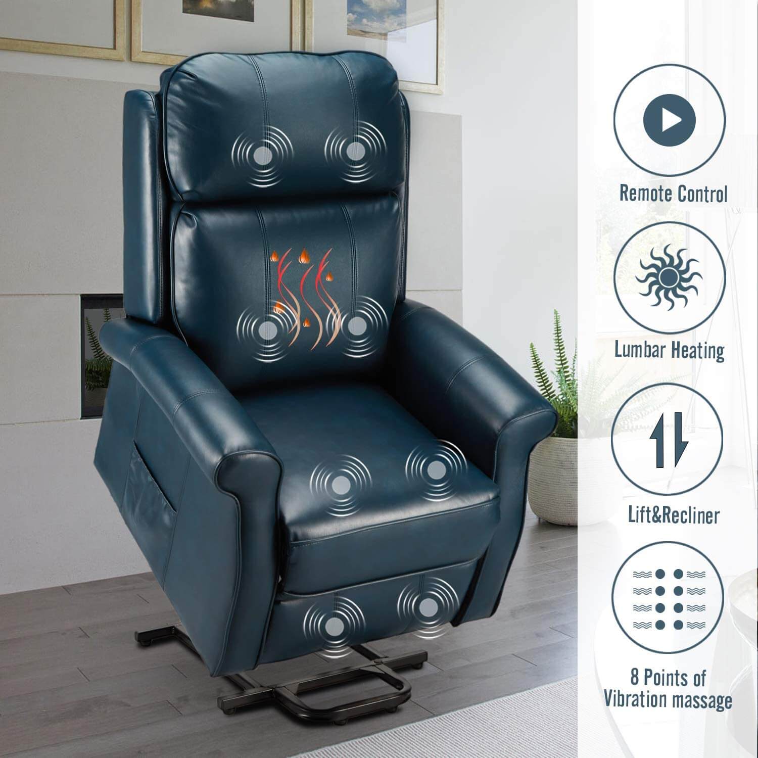 Homrest Electric Power Lift Recliner Chair, Faux Leather Electric Recliner for Elderly with Heated Vibration Massage, Side Pocket & Remote Control, Blue