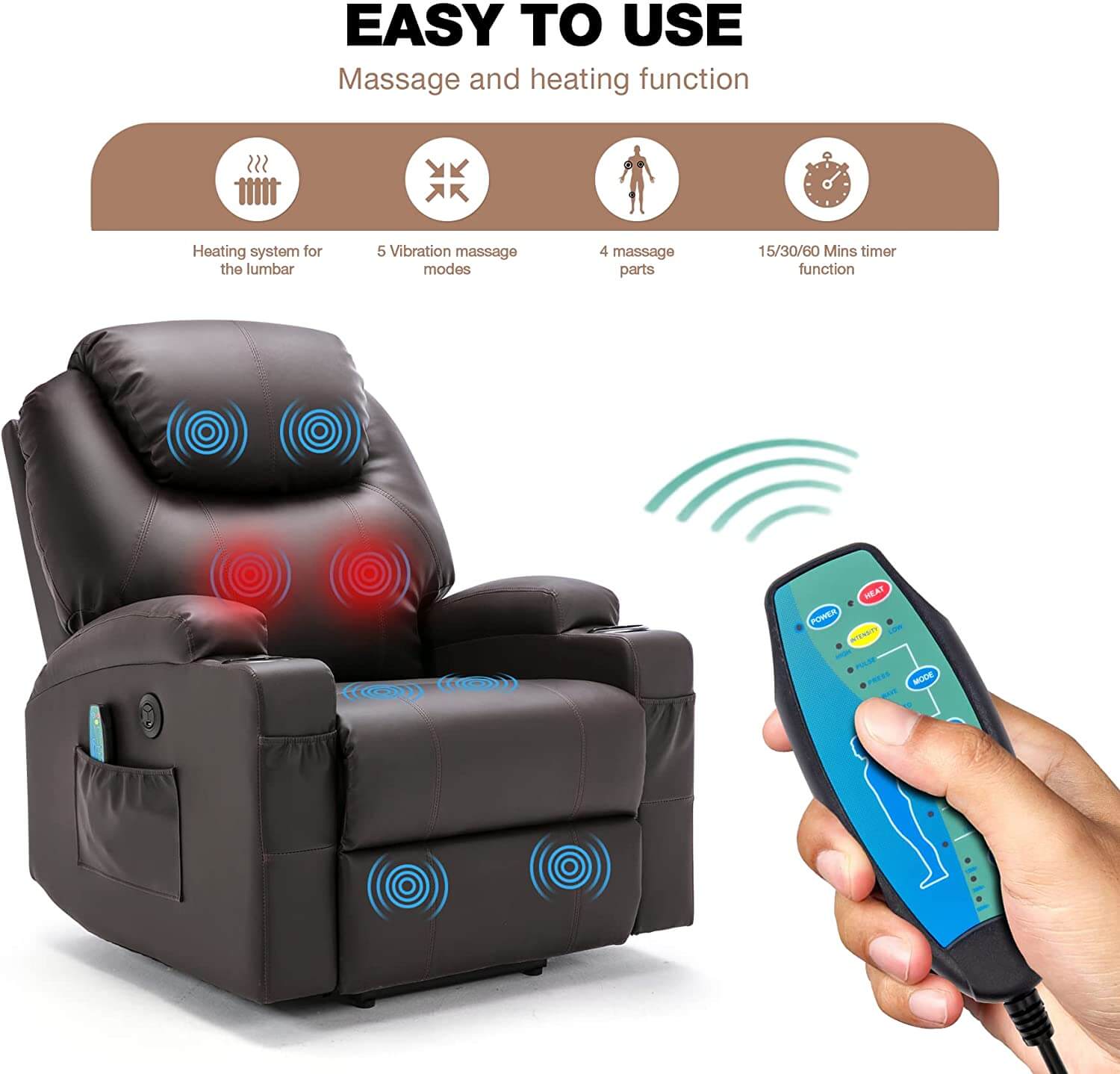 Homrest Power Lift Recliner Chair with Massage & Heat for Elderly, Leather Electric Recliner with 4 Side Pockets, Cup Holders & USB Port (Brown)