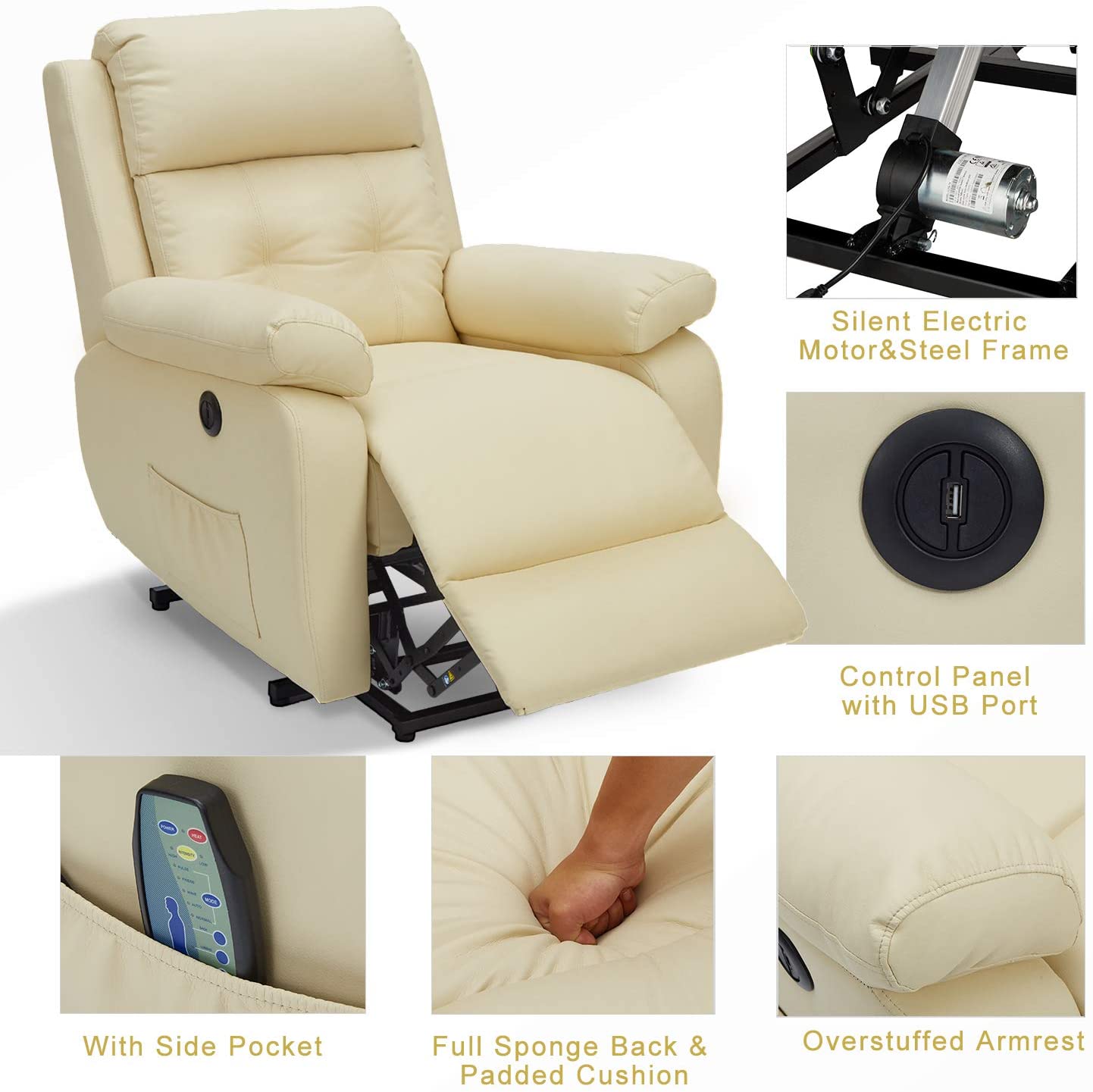 Homrest Electric Power Lift Recliner Chair Sofa for Elderly, Faux Leather Recliner Chair with Heated Vibration Massage with Side Pocket&USB Port, Cream