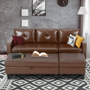 Small Faux Leather Sectional Sofa with Storage Ottoman and Chaise Lounge, 3-Seat Living Room Furniture Sets for Small Apartment, Dark Brown