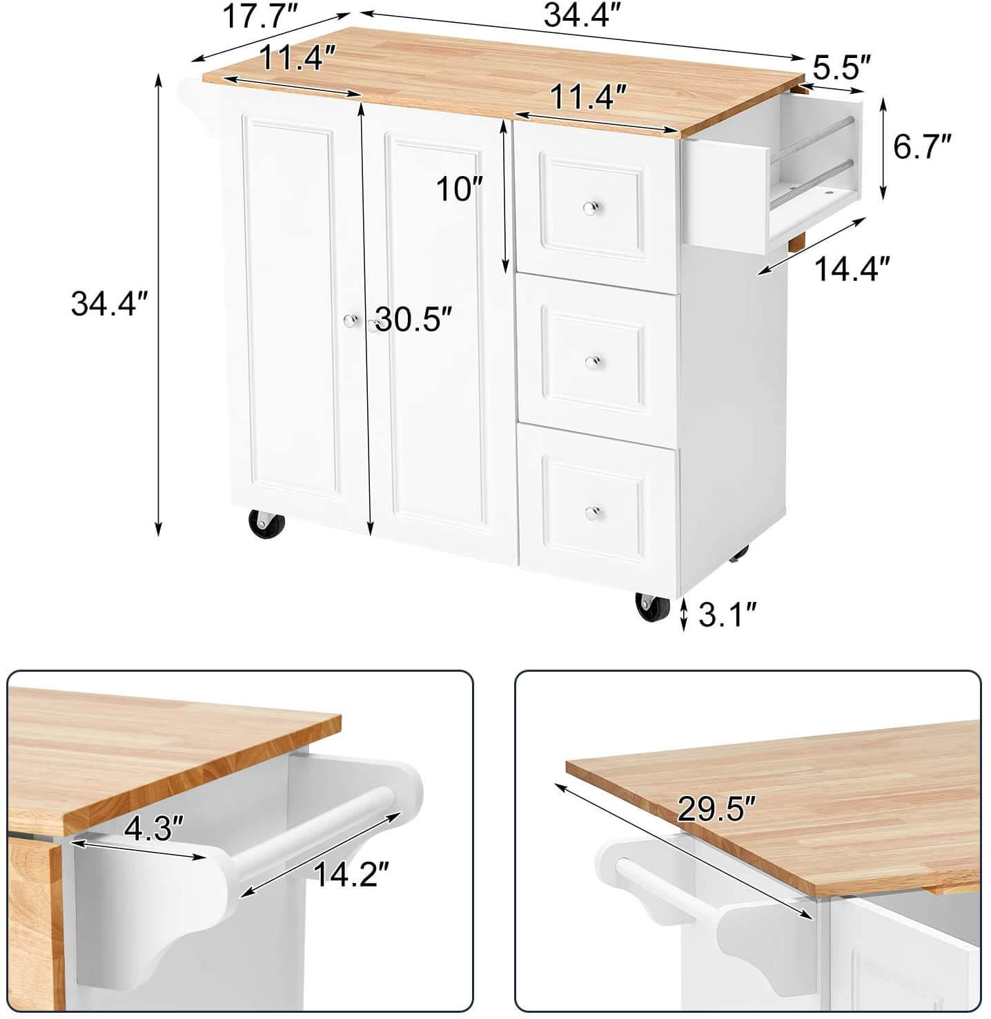 Rolling Kitchen Island Cart,Kitchen Trolley with Drop-Leaf Rubber Wood Tabletop,Lockable Wheels,Drawers & Cabinets,Towel Rack,Spice Rack,White