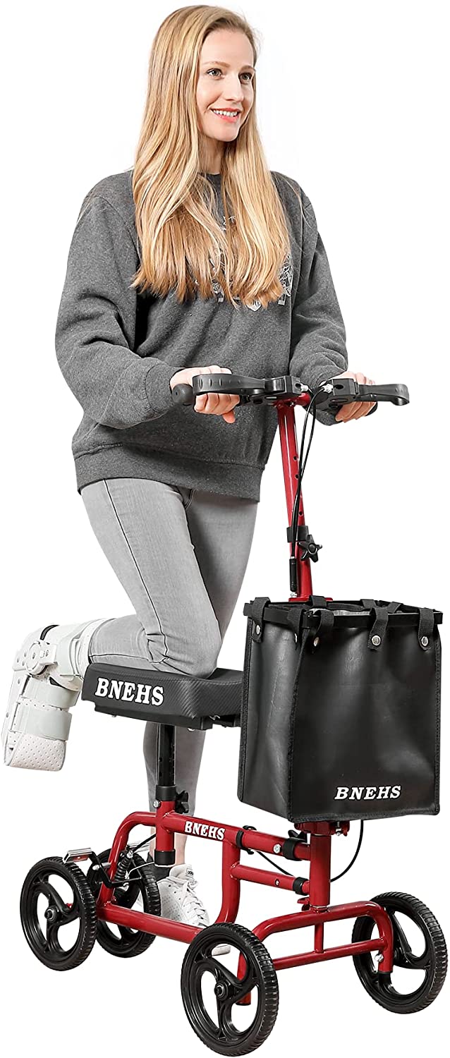 Homrest knee scooter with grooved brake pads folding knee walker for foot injured adults, red frame