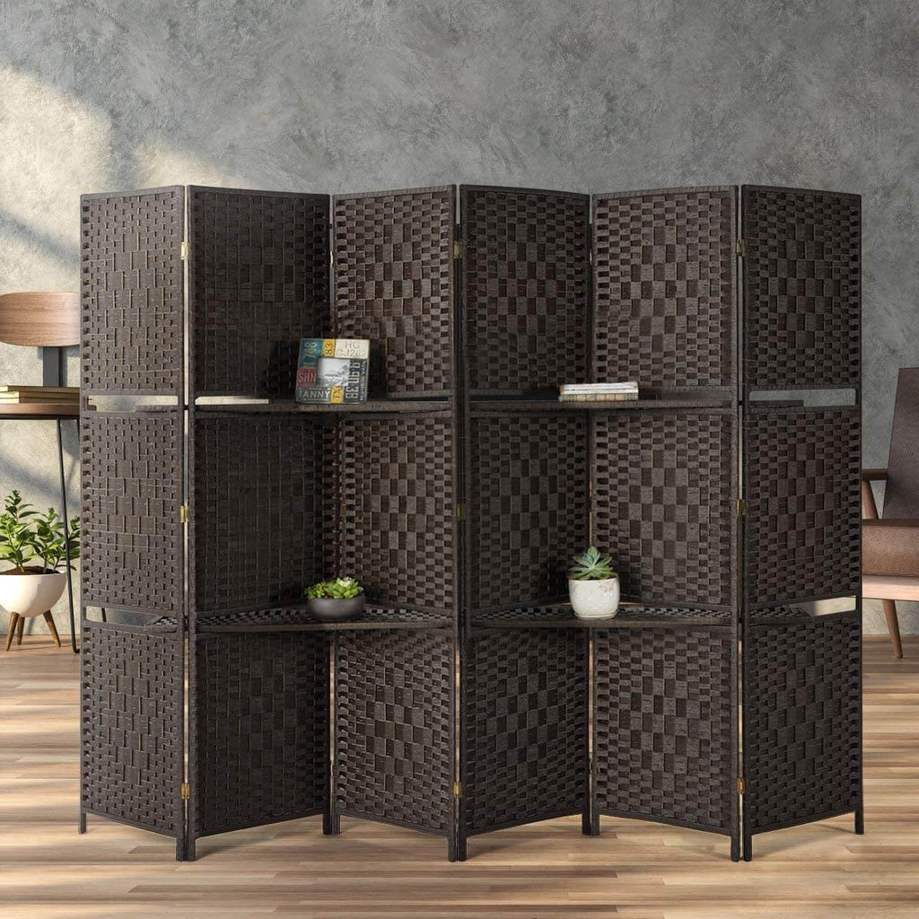 Homrest 6 Panels Folding Room Divider 6ft Weave Fiber Privacy Screens with 2 Shelves, Double Hinged, Coffee