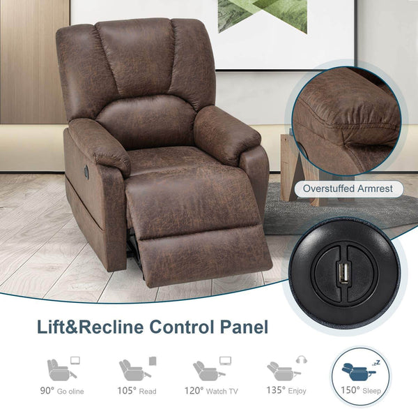 Homrest Electric Power Lift Recliner Chair Sofa with Massage and Heat for Elderly, Faux Leather Recliner Chair with Side Pockets & USB Port, Nut Brown