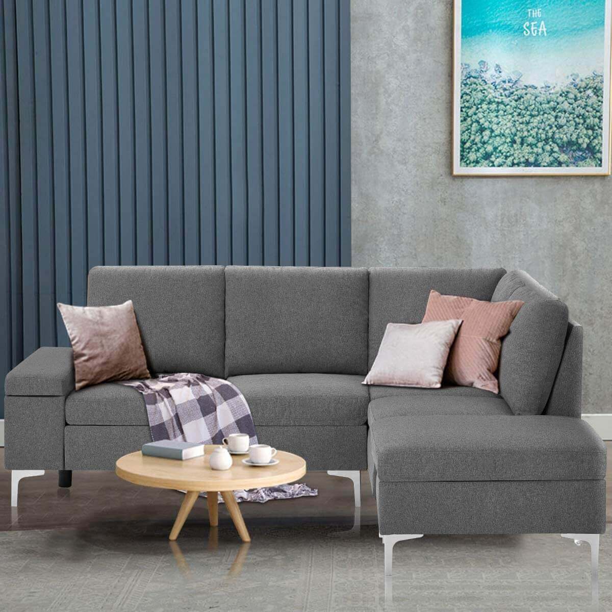  Homrest Convertible Sectional Sofa Couch with Ottoman, Sofa Armrest with Storage Function, L-Shaped Sofa with Gray Linen Fabric, for Living Room or Apartment (Right)