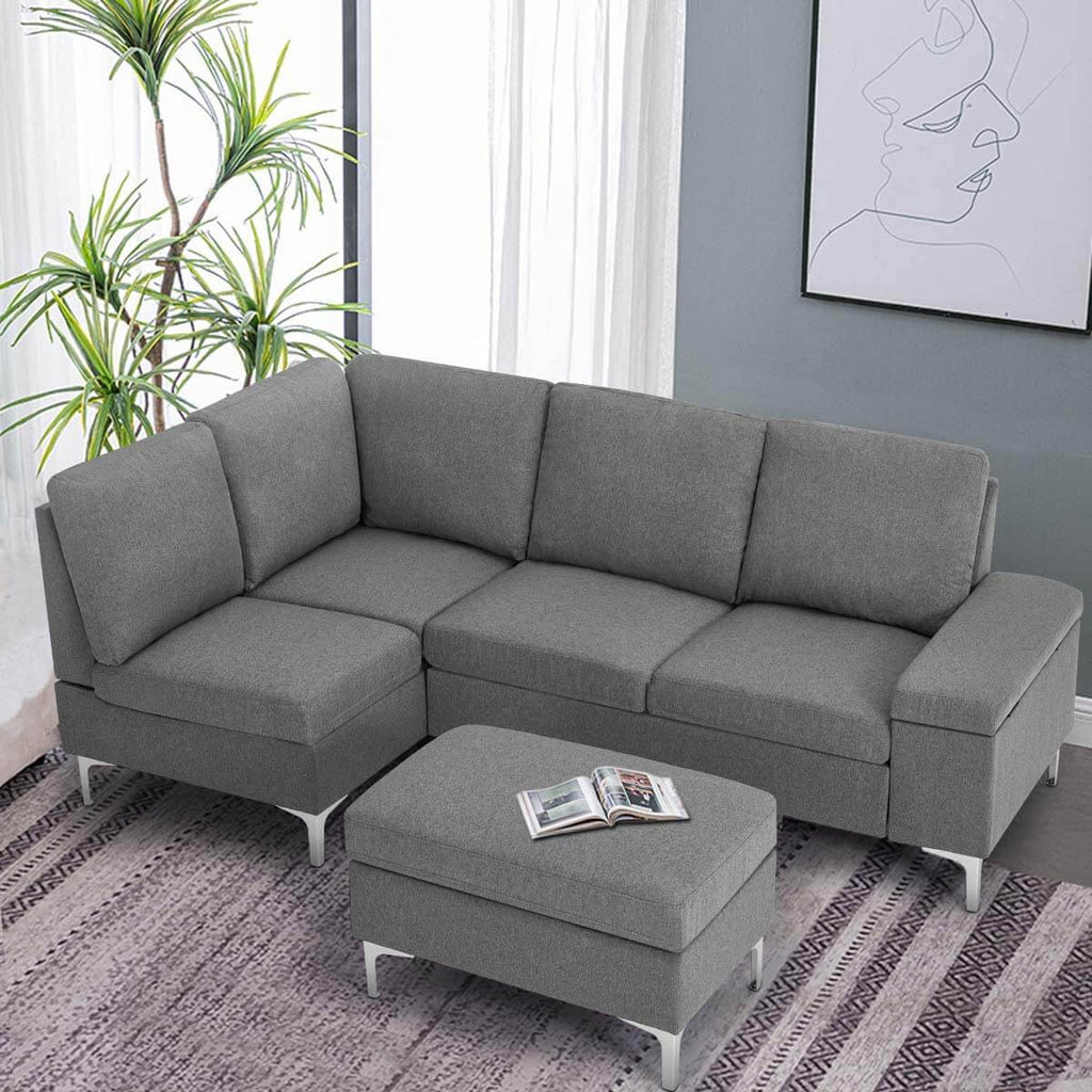 Homrest Convertible Sectional Sofa Couch with Ottoman, Sofa Armrest with Storage Function, L-Shaped Sofa with Gray Linen Fabric, for Living Room or Apartment (Left)