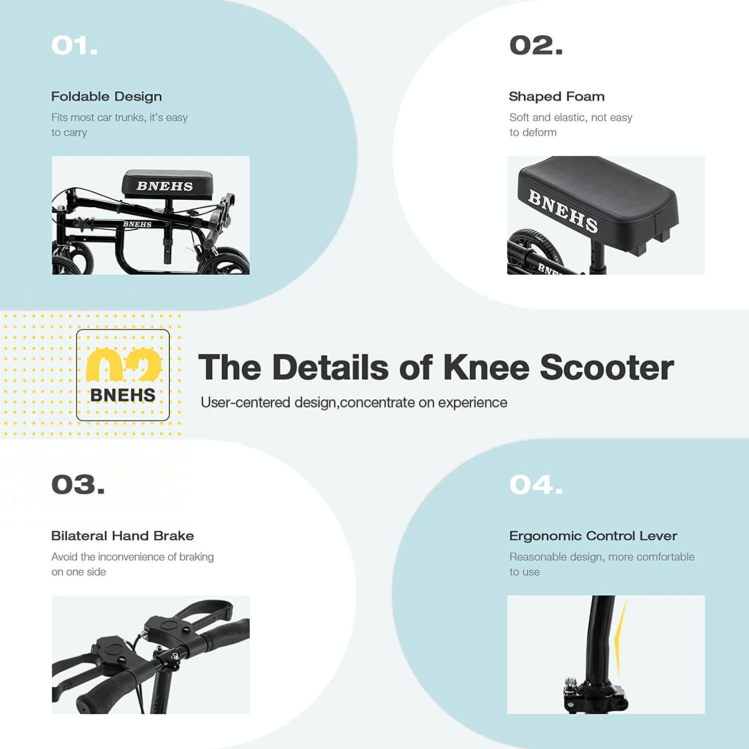 Homrest knee scooter with grooved brake pads folding knee walker for foot injured adults, black