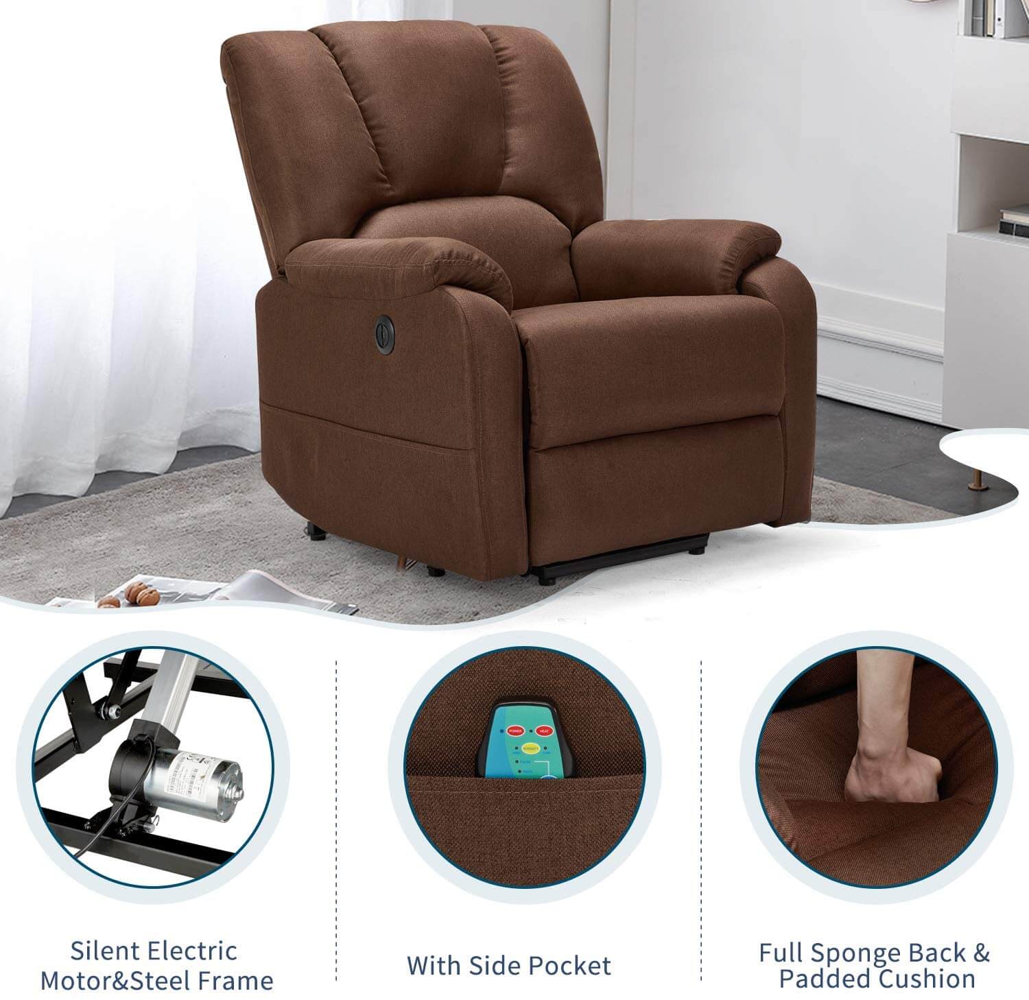 Homrest Electric Power Lift Recliner Chair Sofa with Massage and Heat for Elderly, Microfiber Recliner Chair with Side Pockets & USB Port, Brown