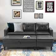 Small Faux Leather Sectional Sofa with Storage Ottoman and Chaise Lounge, 3-Seat Living Room Furniture Sets for Small Apartment, Dark Gray