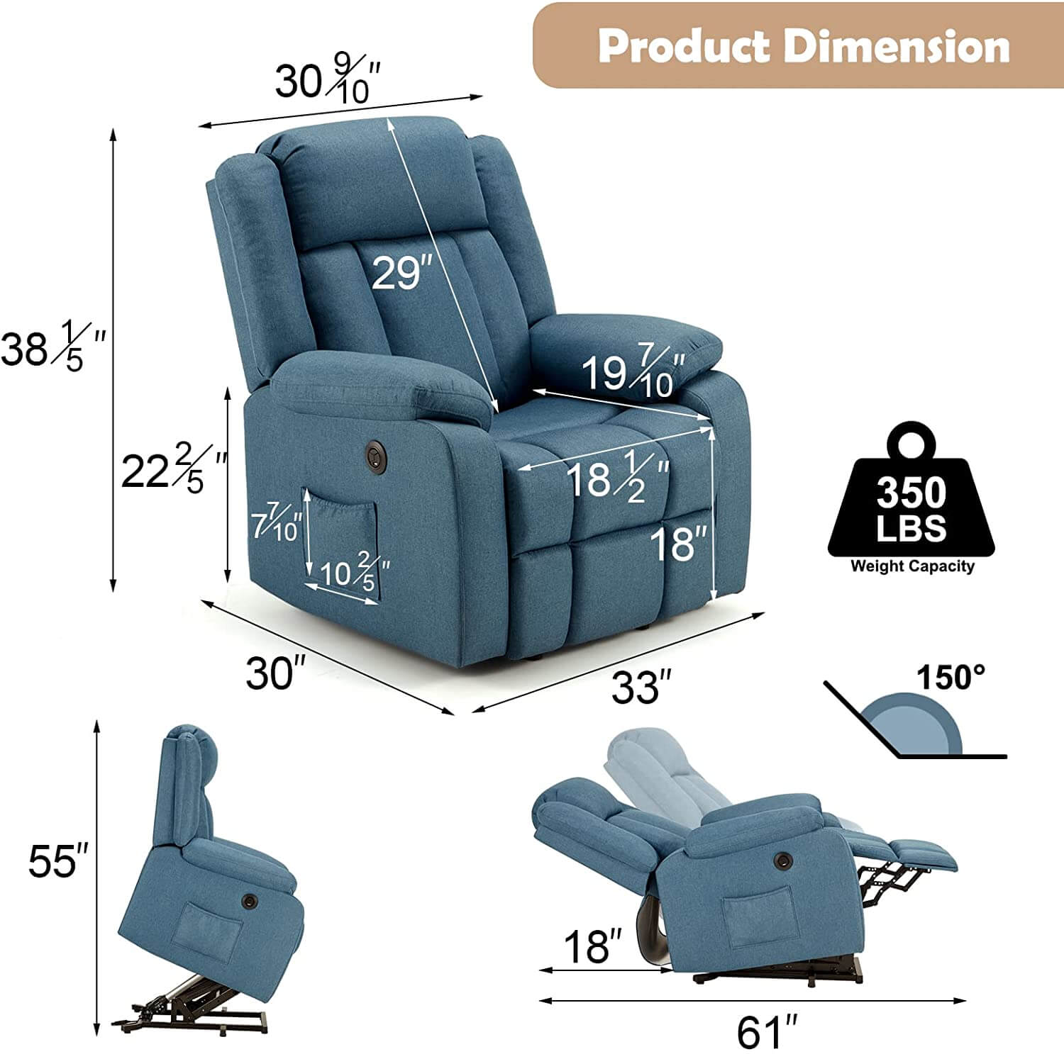 Product dimensions of Homrest massage power lift recliner chair