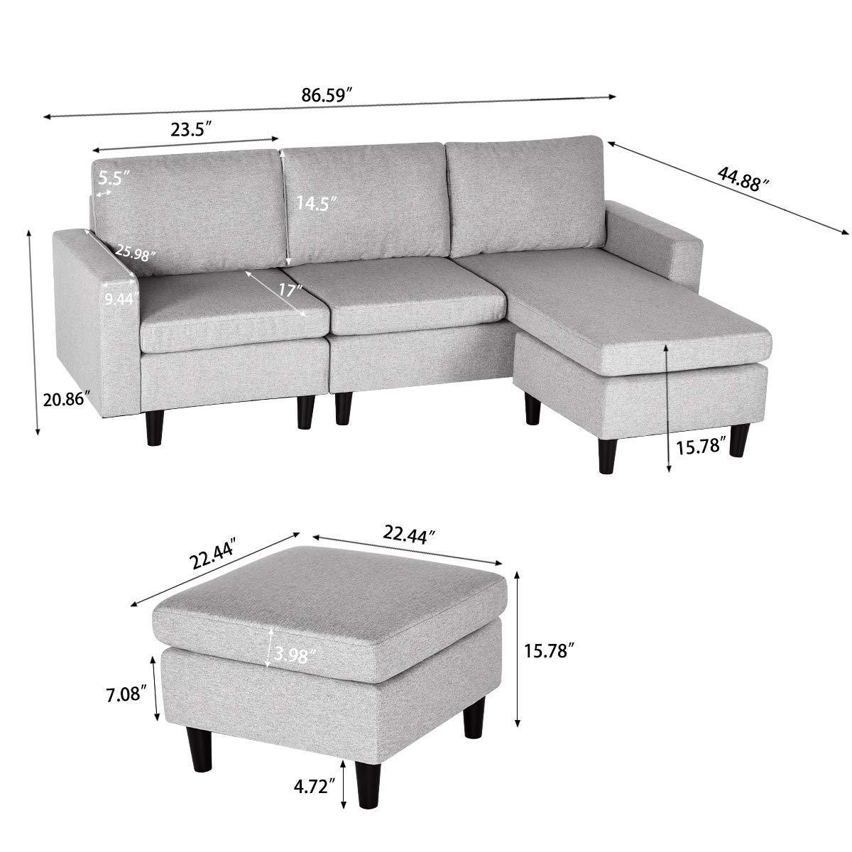hOMREST Convertible Sectional L-Shaped Sofa Couch with Modern Linen Fabric Light Grey