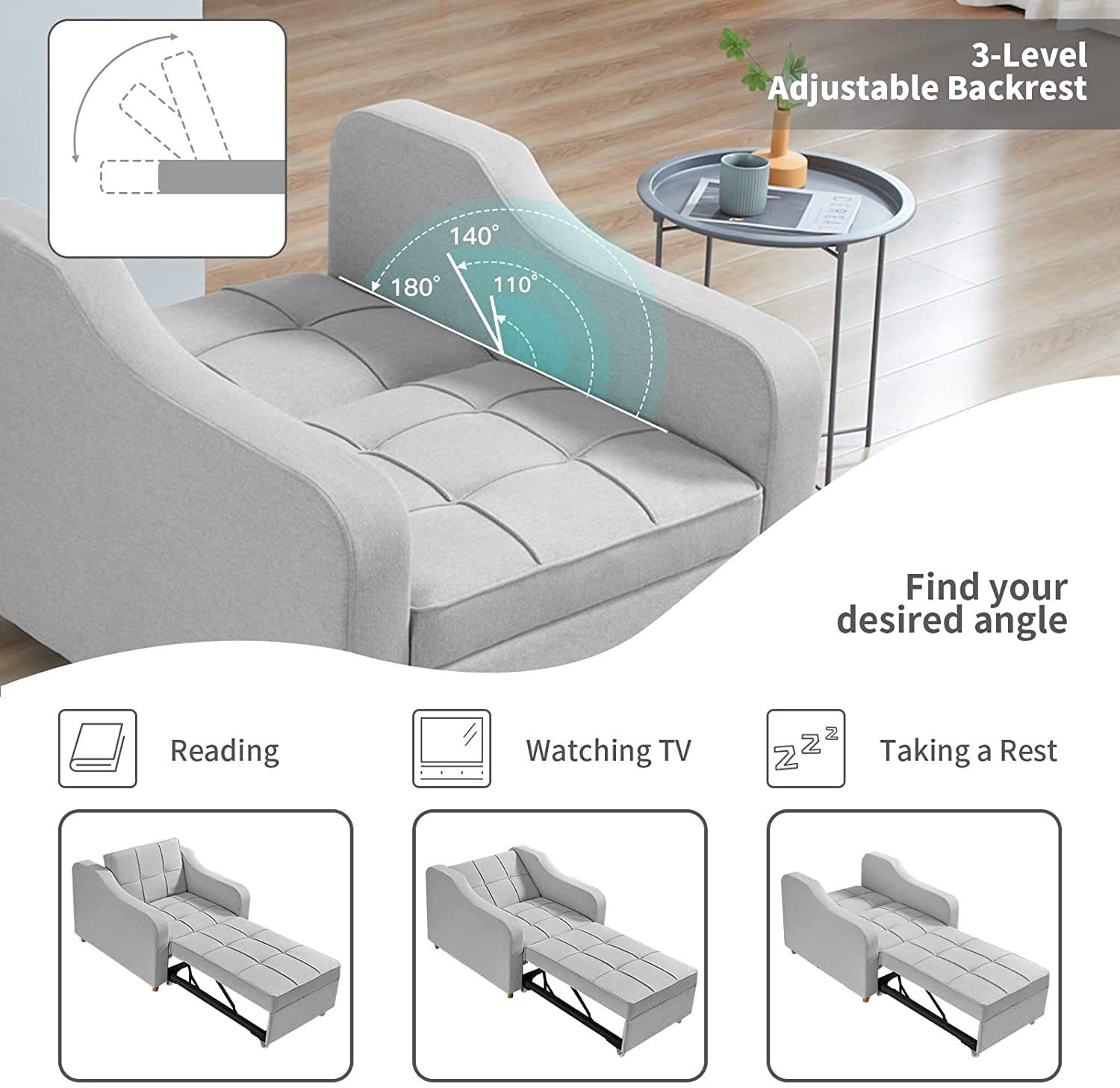 Homrest Upgrade Sofa Bed 3-in-1 Convertible Chair Multi-Functional Sofa Bed Adjustable Recliner for Living Room (Light Grey)