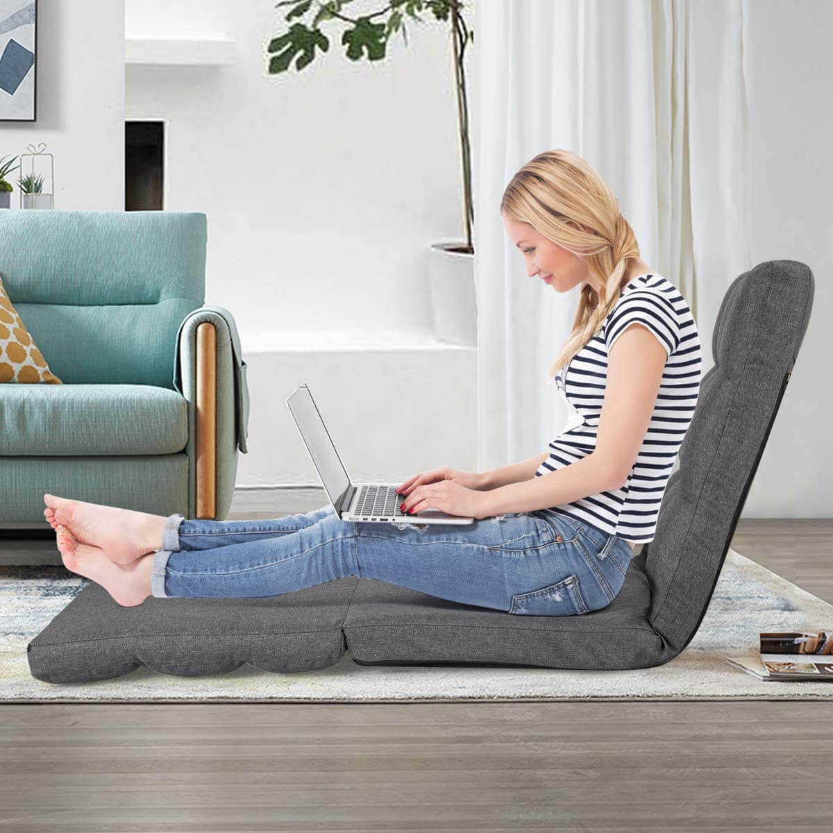 14-Position Floor Chair, Folding Gaming Sofa, Floor Lounger Folding Adjustable Sleeper Bed Couch Recliner, Gray