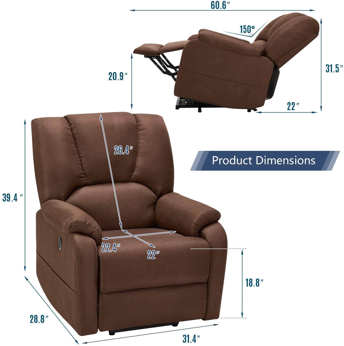 Homrest Electric Power Lift Recliner Chair Sofa with Massage and Heat for Elderly, Microfiber Recliner Chair with Side Pockets & USB Port, Brown