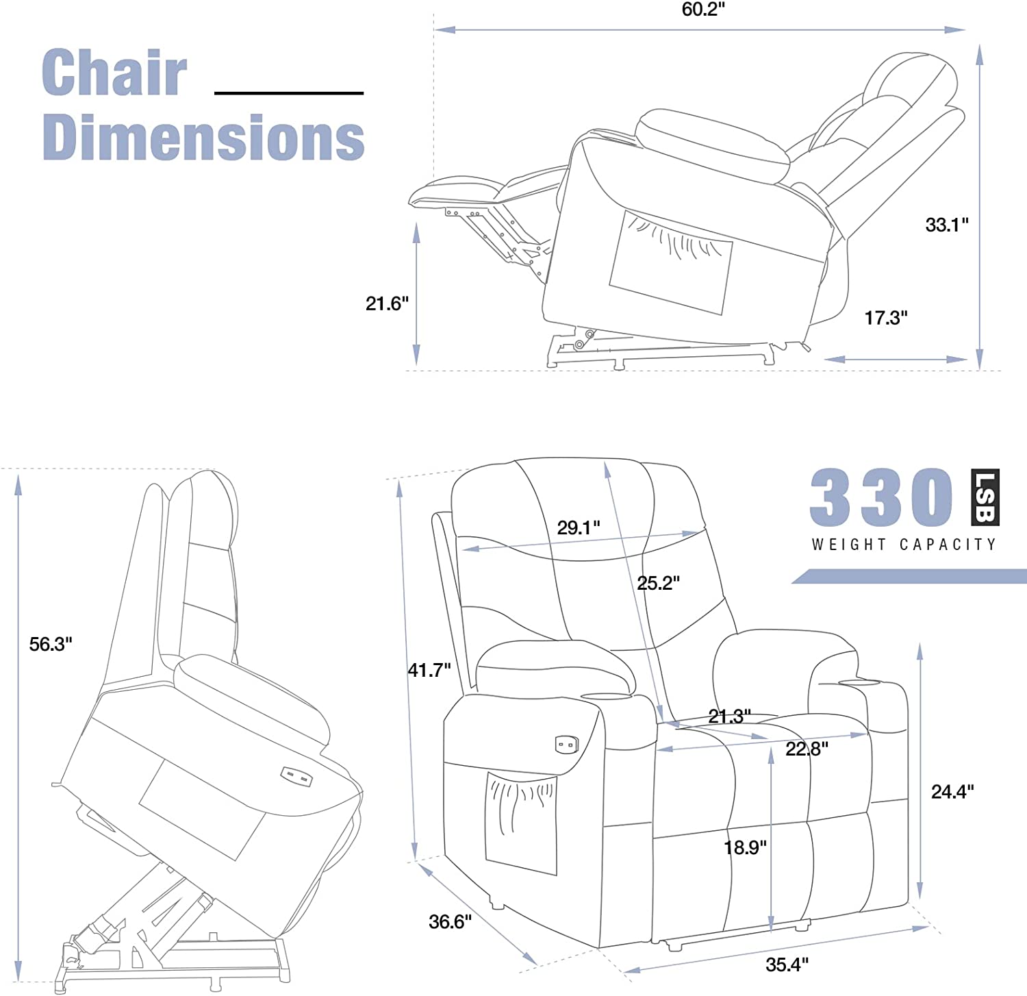 Homrest Electric Power Lift Chair Recliner Sofa for Elderly with Vibration Massage & Lumbar Heated, 2 Side Pockets & Cup Holders(Grey Blue)