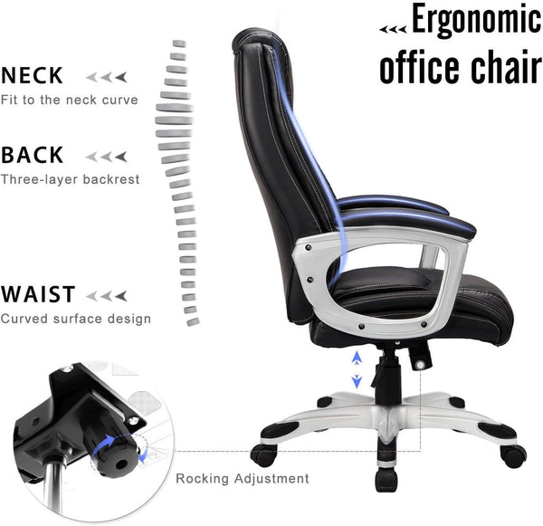 Homrest High Back Office Chair PU Leather Ergonomic Desk Chair, Adjustable Executive Office Computer Chair,Black